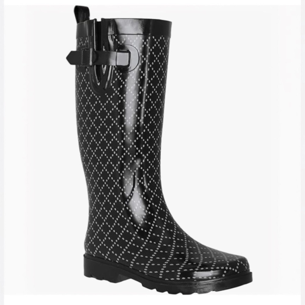 Capelli New York Ladies Shiny Printed Rain Boot Black Size 6